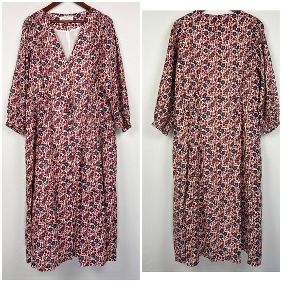 Trovata Birds of Paradis Floral Midi Dress L Ramie Cotton V-Neck Boho Peasant - Picture 2 of 11